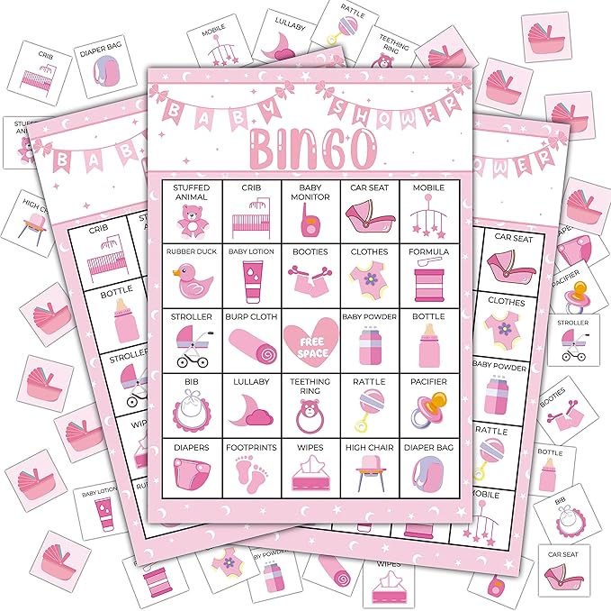 Pink Shower Party Bingo Cards, Shower Bingo Game, Shower Party Games by Disfuco