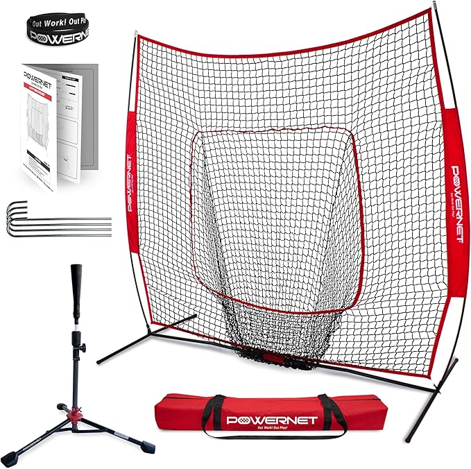 PowerNet Baseball Softball Practice Net 7x7 with Baseball Accessories for Practice Pitching, Batting & Fielding, Ball Caddy, Weighted Baseballs, Tee