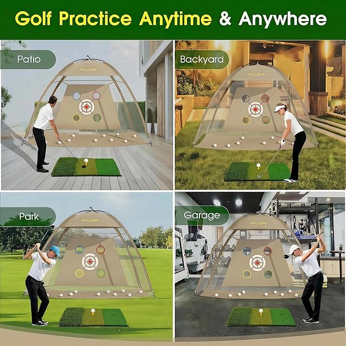 FILORI Golf Practice Net 10x7FT - Golf Hitting Net with Tri-Turf Mat, 8 Balls, Tee & Carry Bag, Indoor/Outdoor Backyard Training for Driving Chipping Swing, Ideal Gifts