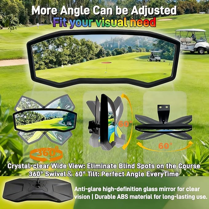 Golf Cart Rear View Mirror - Universal Racing Style Mirror with 3 Installation Kits & 360° Adjustable Ball Joint, Wide-Angle Clear HD Glass, Fits EZGO, Yamaha, Club Car, EPIC Golf Carts