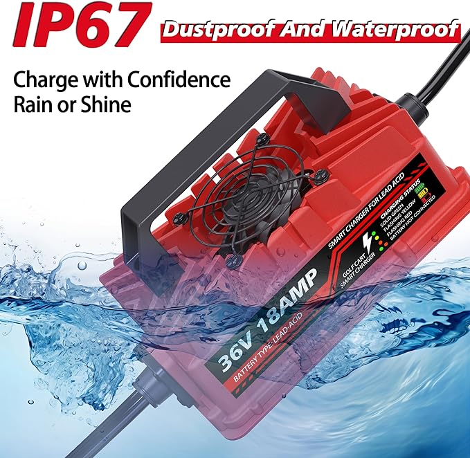 18 Amp 36 Volt Golf Cart Battery Charger for EZGO & Yamaha - Crowfoot Plug, Smart Charger for Lead-Acid Batteries, IP67 Waterproof, Multi-Protection, Unique Design (Red)