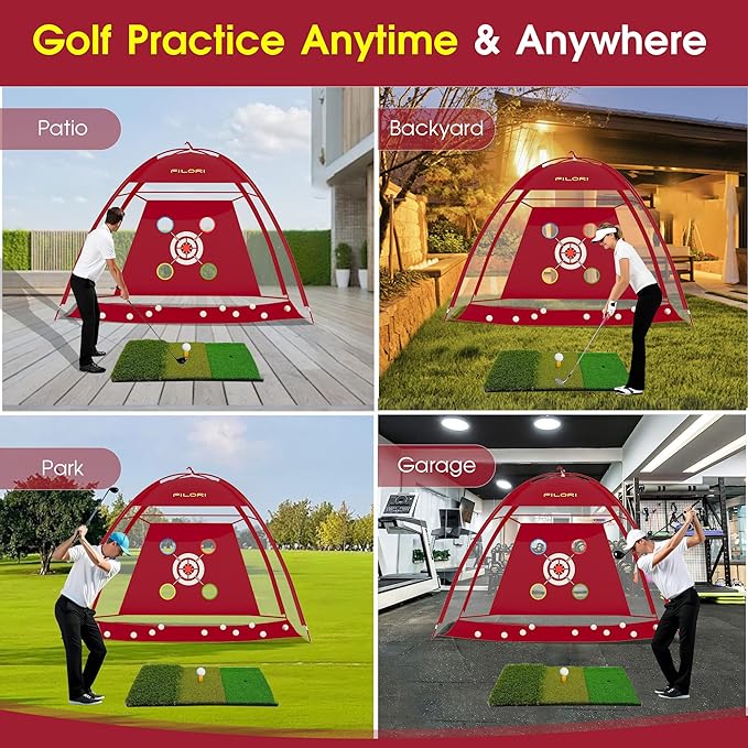 FILORI Golf Practice Net 10x7FT - Golf Hitting Net with Tri-Turf Mat, 8 Balls, Tee & Carry Bag, Indoor/Outdoor Backyard Training for Driving Chipping Swing, Ideal Gifts