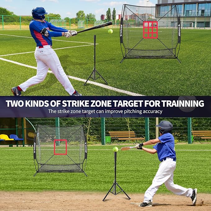 BAGAIL 7x7 ft Extra Large Baseball & Softball Training Net with Batting Tee, Heavy Duty Reinforced Steel Frame, Oversized Hitting Zone for All Levels, Portable Backstop with Carry Bag
