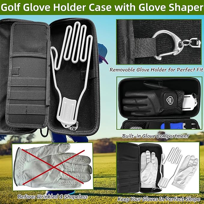 BLIRITEL Golf Glove Holder Case with Removable Glove Shaper,Hard Shell Protective Golf Accessories Organizer Bag Fits Balls,Tees,Markers, Waterproof 900D Oxford Golf Gifts for Men Women Golfers