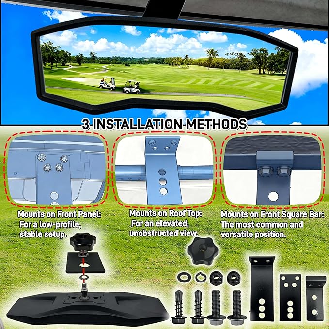 Golf Cart Rear View Mirror - Universal Racing Style Mirror with 3 Installation Kits & 360° Adjustable Ball Joint, Wide-Angle Clear HD Glass, Fits EZGO, Yamaha, Club Car, EPIC Golf Carts