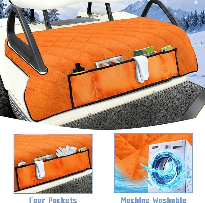 YOKYHOM Golf Cart Seat Covers with 4 Front Pockets, Thick Seat Towel Blanket with Non-Slip Backing, Fits EZGO, Club Car, Yamaha and More 2 & 4 Passenger Golf Carts, Orange