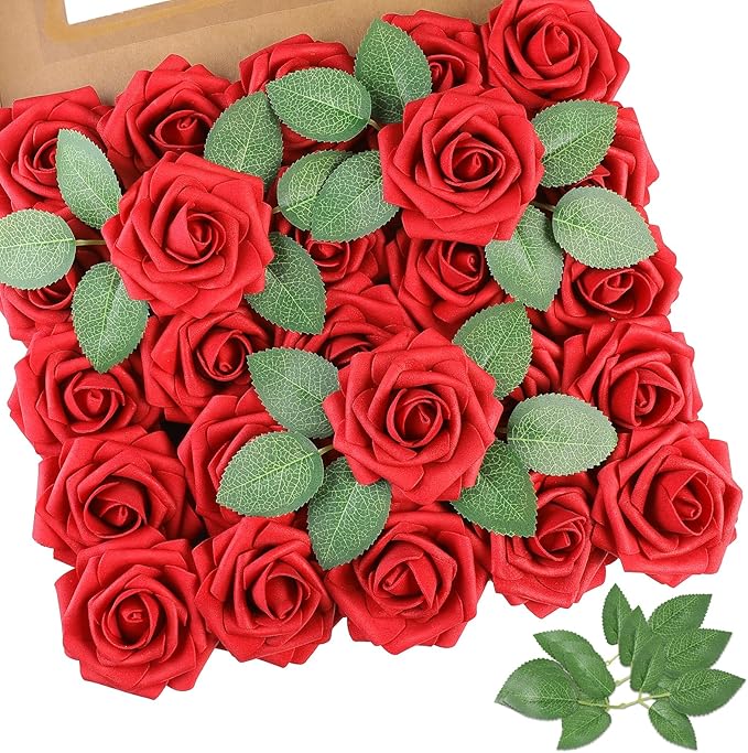AmyHomie 25pcs Real Looking Artificial Red Roses w/Stem by AmyHomie