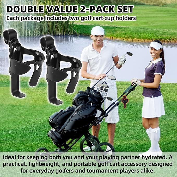 TonGass 2-Pack Golf Push Cart Cup Holder, Universal Plastic Golf Trolley Drink Holder Mount for Golfs Push Carts, Durable Shock-Resistant Design Fits Most Golfs Trolley Tubes and Handles - Black
