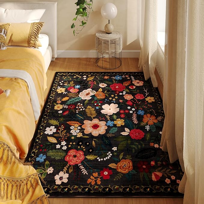 Rugcomf Bedroom Rug 3x5 Rug Washable Area Rug Non Slip Low Pile Boho Floral by Rugcomf