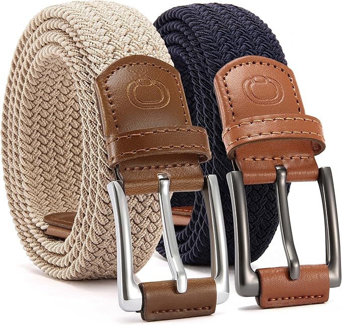 CHAOREN Stretch Belt Men 2 Pack - 1 3/8" Braided Golf Belts For Men - Casual Elastic For Pants and Jeans