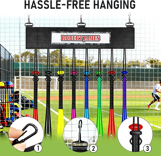 2Pcs Dugout Organizer, Baseball Softball Bat Holder Wall Mount with 3 Fence Hooks 8 Hanging Strap and Name Tag, Bat Rack Accessories for Dugout Fence Team Coach Players Gifts