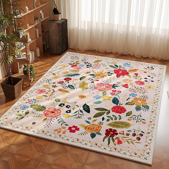 Rugcomf Area Rug 4x6 Rug Washable Boho Rugs Non Slip Low Pile Floral Small by Rugcomf