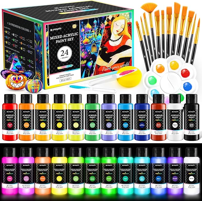 40 PCS Classic & Glow in the Dark Acrylic Paint Set by POPYOLA