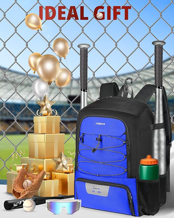 COMECOI Baseball Bag, Baseball Backpack with Helmet Shoes Bag for Youth, Adult, Lightweight Softball Bag with Fence Hook Hold TBall Bat, Baseball Glove, Helmet, Caps, All Gear