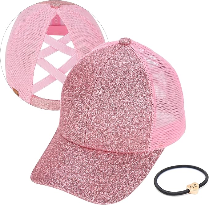 C.C Ponycap Messy High Bun Ponytail Adjustable Glitter Mesh Trucker Baseball Cap