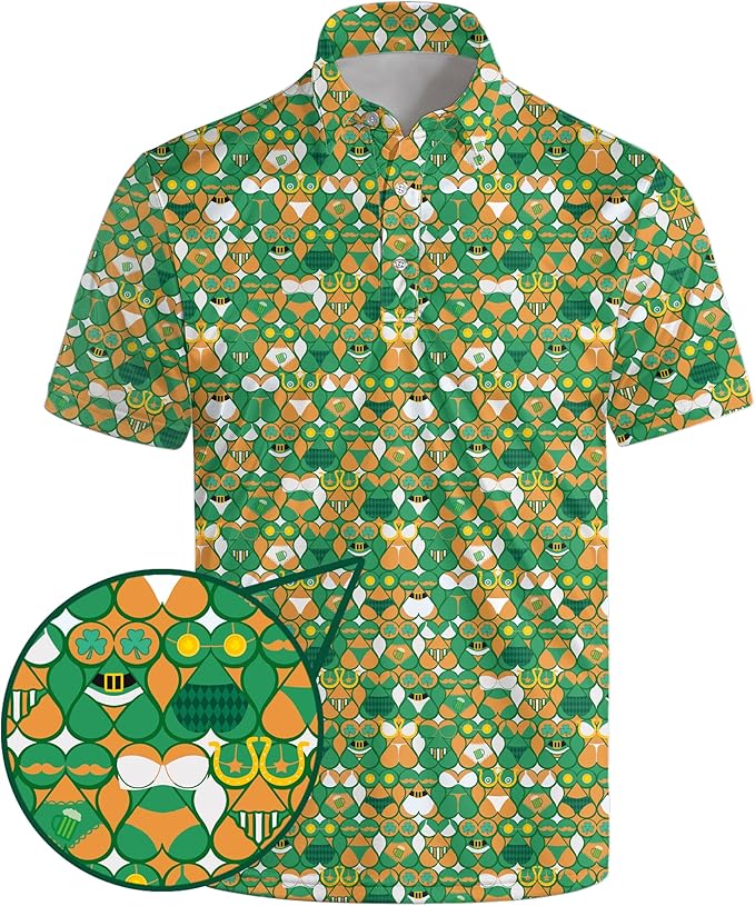 HUURAY Funny Golf Polos for Men Funny Print Short Sleeve Shirts Quick Dry Polo Shirts Hawaiian Shirt Performance Golf Outfits