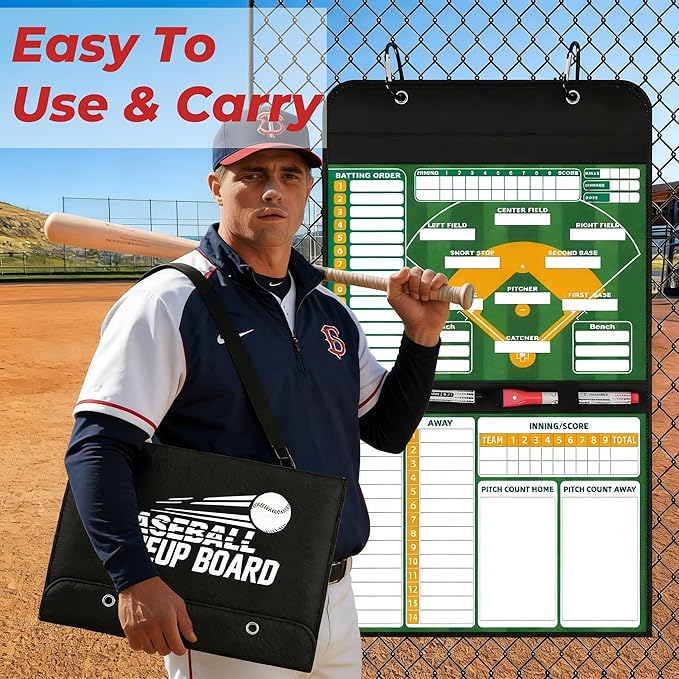 Magnetic Baseball Lineup Board for Coaches, Baseball Coaching Accessories Clipboard with Magnetic Player Markers, Portable Baseball & Softball Lineup Board for Dugout, Reusable Baseball Clipboard