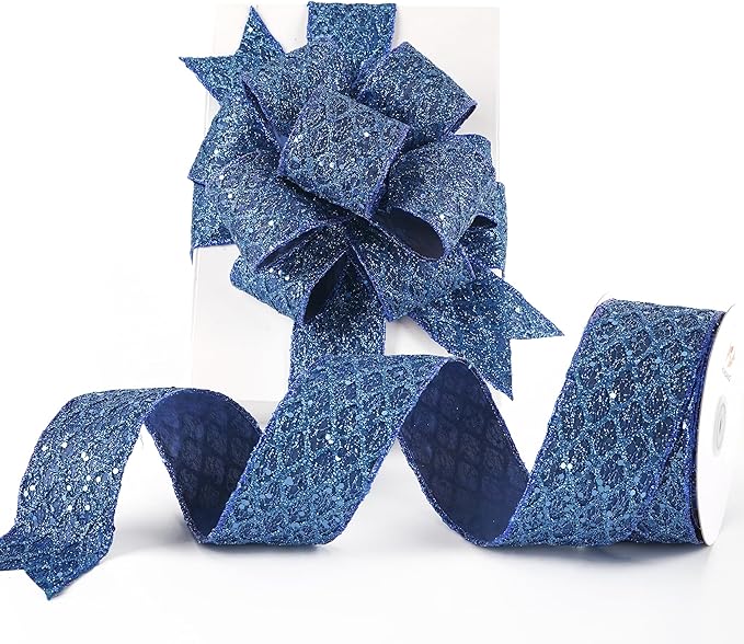 HUIHUANG Navy Blue Wired Ribbon 2.5 inch Glitter Diamond Mesh Wire Edge Ribbon by HUIHUANG