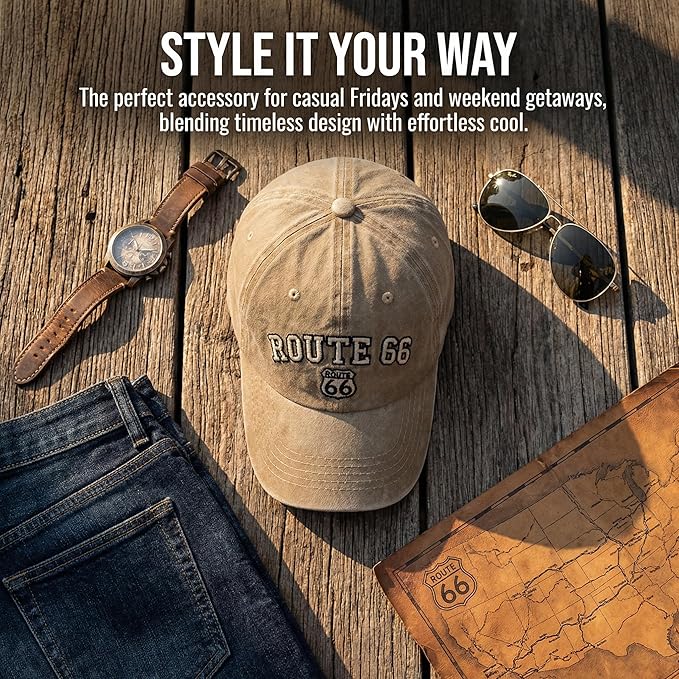 Vintage Washed Cotton Baseball Caps for Women Men Classic Route 66 Embroidered Sun Protection