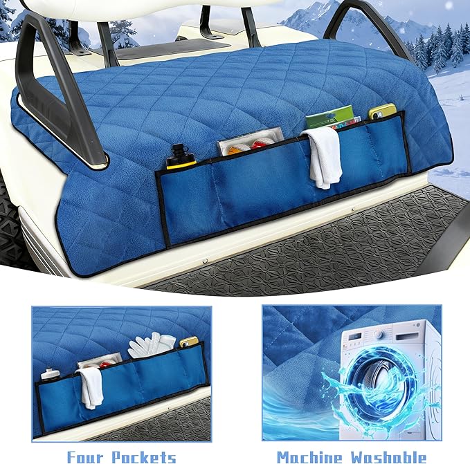 YOKYHOM Golf Cart Seat Covers with 4 Front Pockets, Thick Seat Towel Blanket with Non-Slip Backing, Fits EZGO, Club Car, Yamaha and More 2 & 4 Passenger Golf Carts, Blue