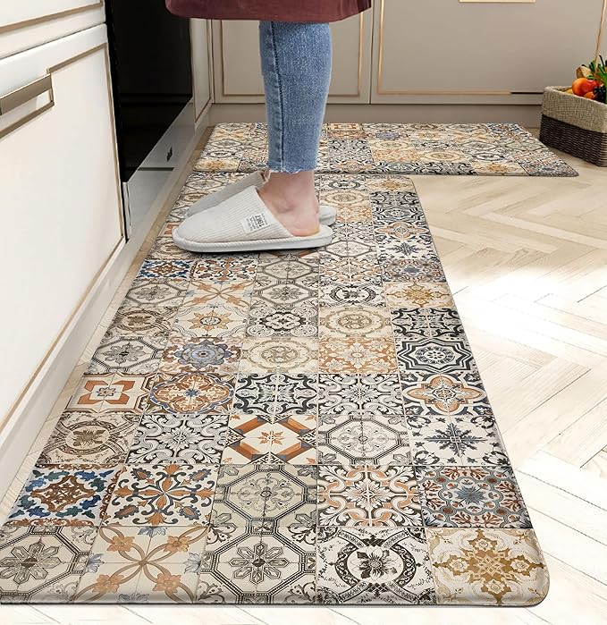 Boho Kitchen Rugs Set 2 Memory Foam Colorful Ceramic Comfort Tile Floor Mat by weesire