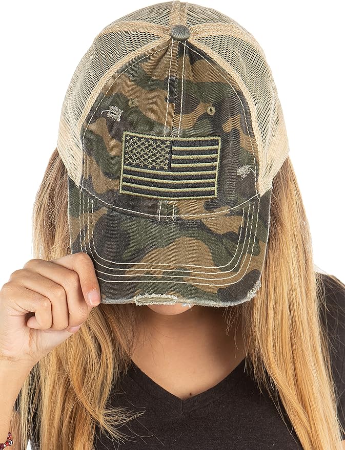 Funky Junque Trucker Hat for Women – Distressed Low Profile Western Camo Baseball Cap with Mesh, Trendy and Adjustable Fit