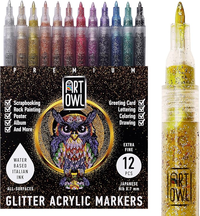 Acrylic Glitter Paint Marker Pens, Ultra Fine Point 0.7mm by ARTOWL