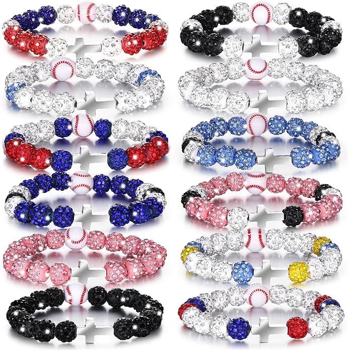 Landical 12 Pcs Baseball Ice Bracelet Beaded Charm Bracelets Cross Accessory Gifts for Baseball Team Party Favors