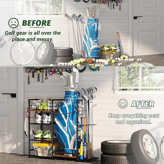 Golf Bag Organizer for Golf Accessories for Men, Golf Bag Stand with Extra Storage Rack for Clubs, Golf Bag Holder for Golf Storage Fits 1 Bag, Garage, Home or Club Use, Golf Gifts for Dad