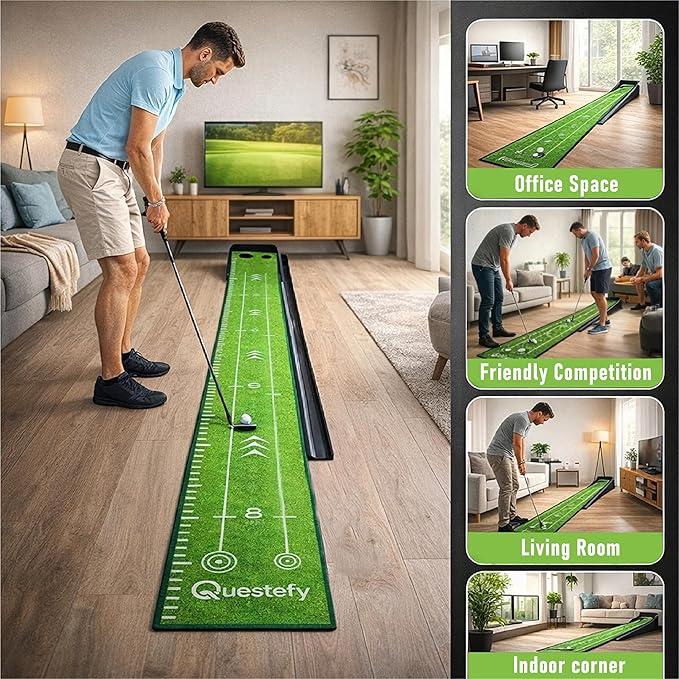 Putting Green Indoor | Wrinkle-Free Golf Mat with Auto Ball Return | Non-Slip Surface & Alignment Markings for Accurate Putting Practice at Home, Office & Outdoors | Improve Stroke Control & Precision