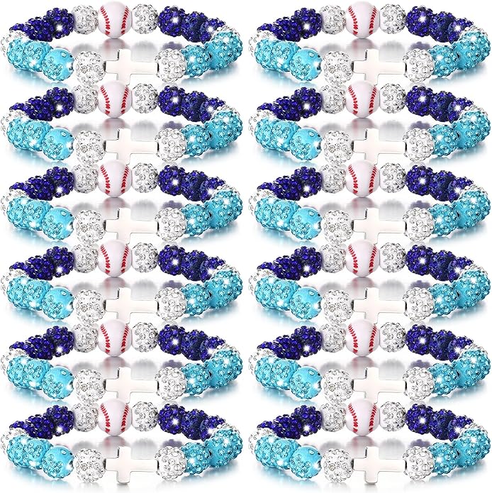 Landical 12 Pcs Baseball Ice Bracelet Beaded Charm Bracelets Cross Accessory Gifts for Baseball Team Party Favors