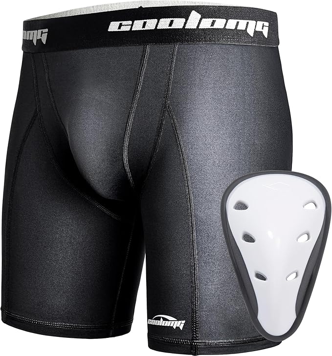 COOLOMG Youth Boys Compression Shorts with Protective Cup Athletic Sports Underwear for Baseball Football Lacrosse Hockey