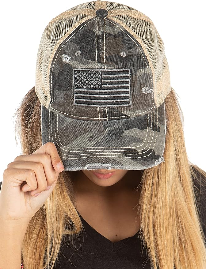 Funky Junque Trucker Hat for Women – Distressed Low Profile Western Camo Baseball Cap with Mesh, Trendy and Adjustable Fit
