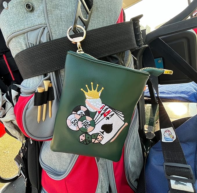 PINKTEE Golf Valuables Pouch Premiun Leather Tee Bag Funny Golf Accessories Organizer with Zipper Master Green for Women Men (CASINO QUEEN, Pink stripe)