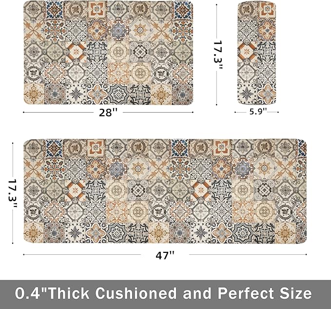 Boho Kitchen Rugs Set 2 Memory Foam Colorful Ceramic Comfort Tile Floor Mat - Image 2