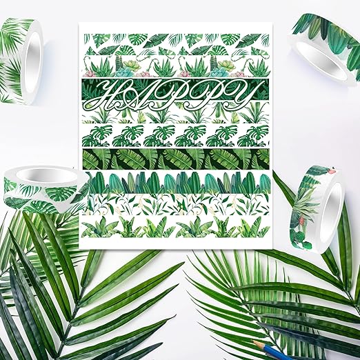 Greenery Washi Tape Set 12 Rolls, Tropical Leaves Masking Tape Hawaii Green - Image 4
