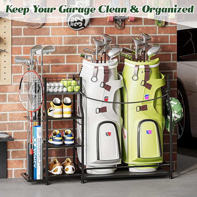 Golf Bag Storage Organizer for Golf Accessories, Golf Bag Stand with Extra Storage Rack for Golf Clubs & Golf Essentials, Golf Bag Holder for Garage Organization Fits 2 Bags, Metal & Wood Construction