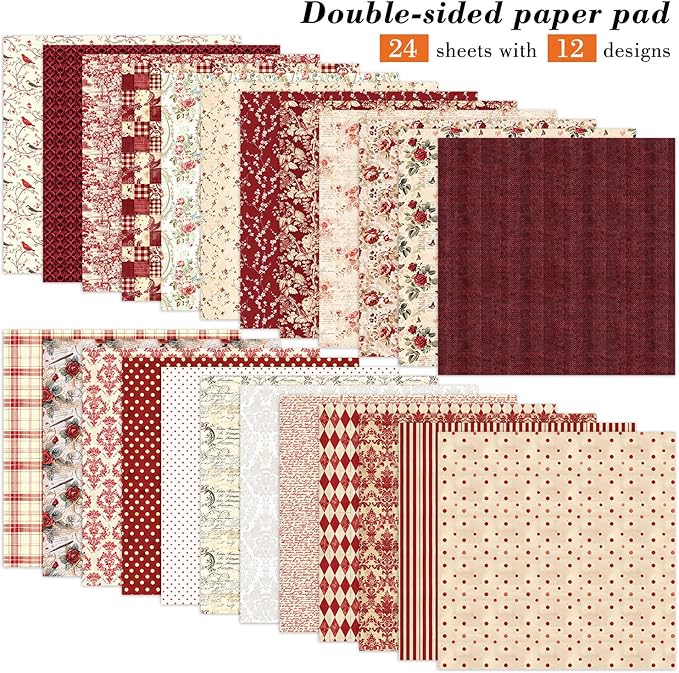 24 Sheets Red Aesthetic Scrapbooking Paper Pad - 6In x 6In Double Sided Flowers - Image 2