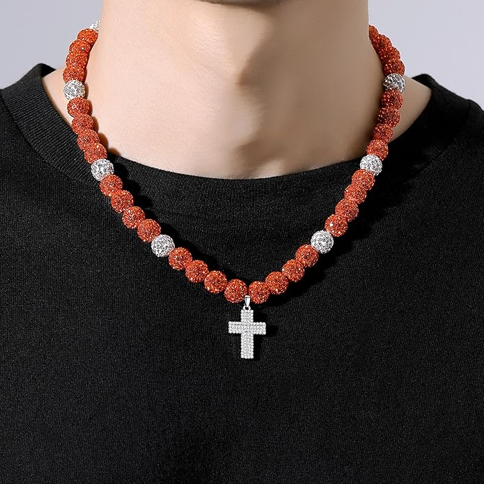 QINJIEJIE Baseball Necklace for Men Glitter Bling Rhinestone Beaded Collection Necklace for Women 16/18in Inspired Sports Jewelry Baseball Chain Cool Gifts for Baseball Players Team Lovers