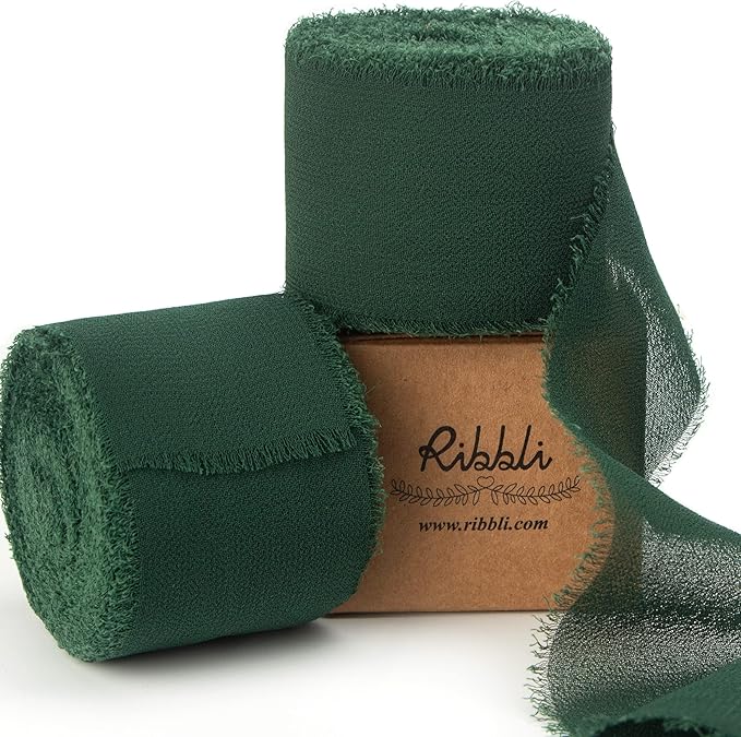Ribbli Forest Green Chiffon Ribbon 1-1/2 inch x 20 Yard Handmade Fringe Chiffon by Ribbli