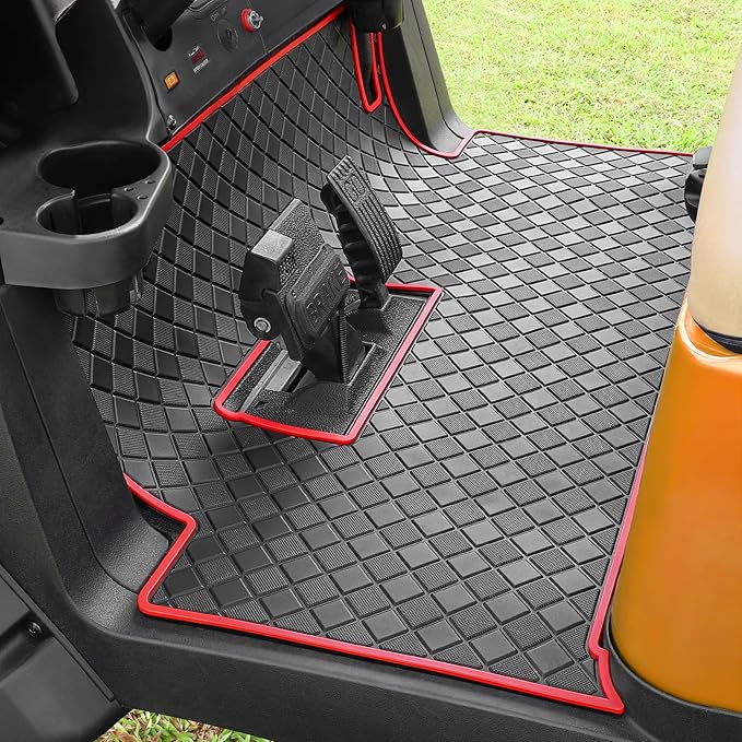 8mm Heavy Duty Rubber Golf Cart Floor Mat,Upgraded Full Coverage Liner for Club Car Precedent 2004-2025,Onward&Tempo 2017-2025,Villager & V4L 2019-2025,Non-Slip Textured,Red Trim