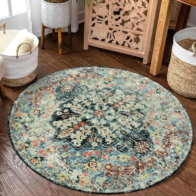 Lahome Bohemian Floral Medallion Round Rug - 3Ft Small Bedroom Round Area Rug - Image 4