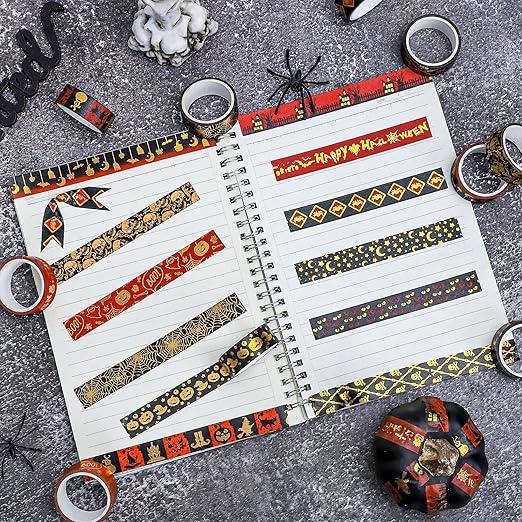 Whaline 12 Rolls Halloween Washi Tapes Red Black Foil Gold Decorative Tapes - Image 4
