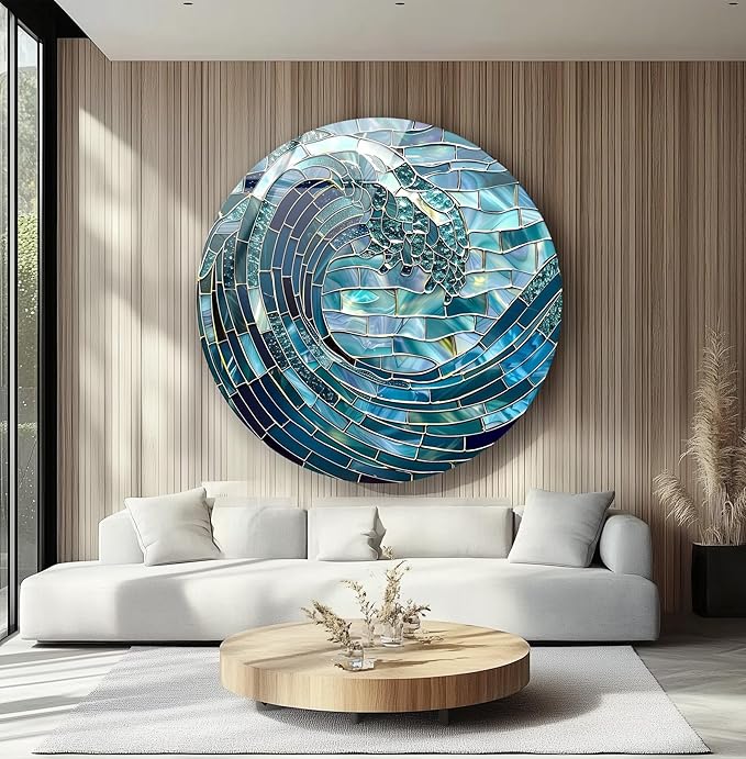My Photostation.com 10'' Diameter Ocean Wave in Blue Mosaic Round Glass Wall - Image 5