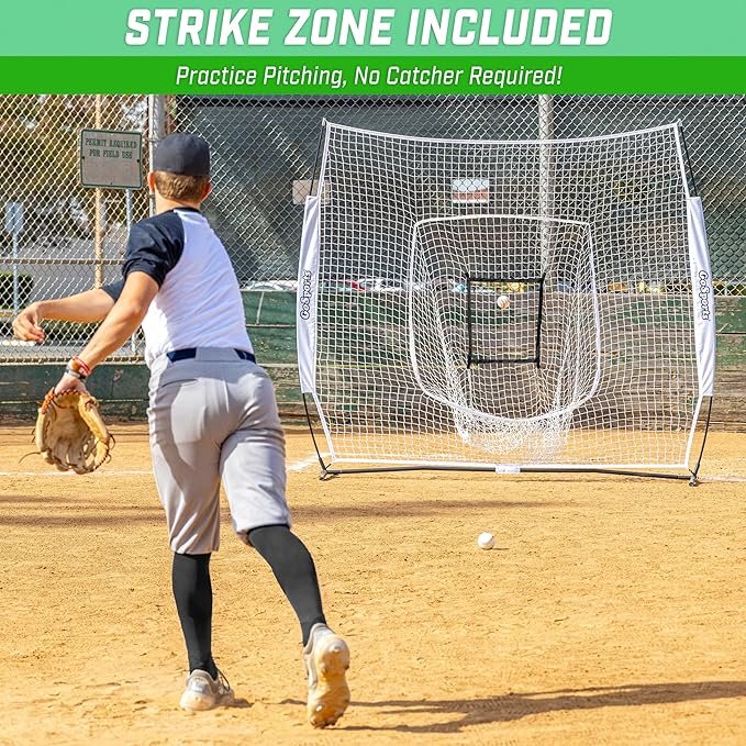 GoSports 7 x 7 ft Baseball & Softball Nets - Available in Team Colors - Batting & Pitching Net with Strike Zone