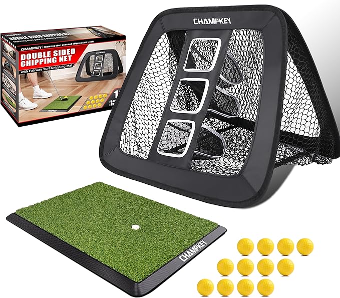 CHAMPKEY Double -Sided Golf Chipping Net with Mat and 12 Foam Balls - Professional Golf Practice Net Ideal for Indoor and Outdoor Training