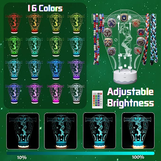 CoolGift Mart Light Up Baseball Ring Holder, 16 Colors 3D LED Lights Acrylic Championship Ring Display Stand, with Remote Control, Birthday Xmas Gifts for Baseball Players Fans