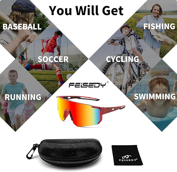 FEISEDY Kids Sunglasses Youth Baseball Sun Glasses, UV400 Sports Teens Cycling Shades for Boys Girls Age 8-16 B0048