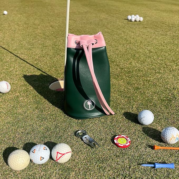 PINKTEE Golf Valuables Pouch Leather Golf Tee/Ball Bag with Drawstrings Bucket Waist Design, Golf Accessories Organizer for Women Men
