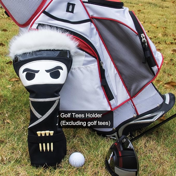 mytag Ninja Golf Club Covers for Woods and Driver, Golf Driver Cover 3 Wood Headcover Hybrid Headcover with Golf Tee Holder, Embossed Synthetic Leather